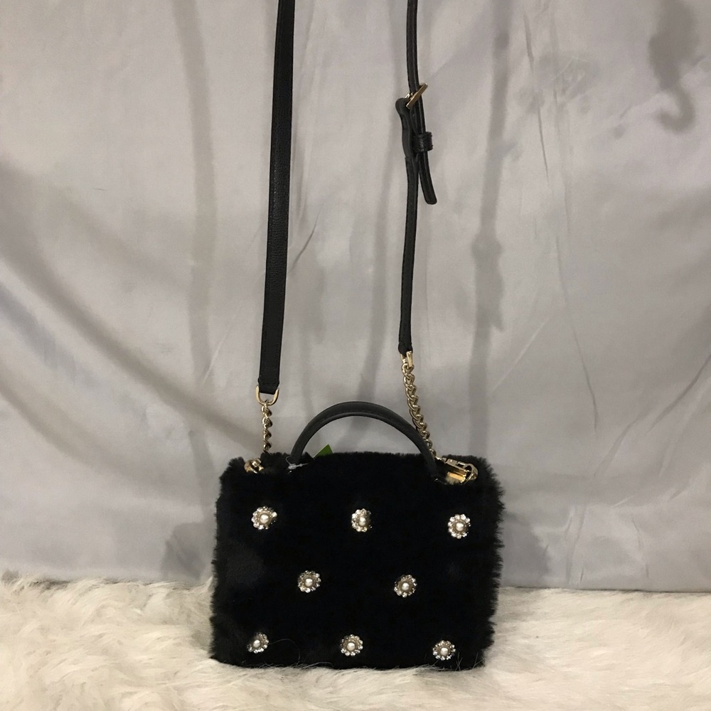 NWT Kate Spade Black Faux Fur Handle Crossbody Bag w/ Crystal Embellishments - Picture 7 of 16